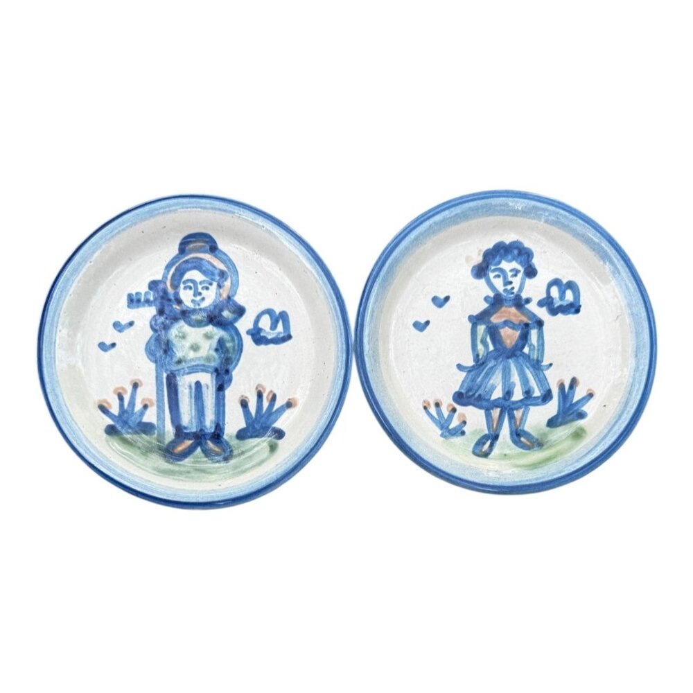 MA Hadley Pottery Trinket Dish Coaster Set Farmer & Wife Boy/Girl Vtg 4" Hand-Pa